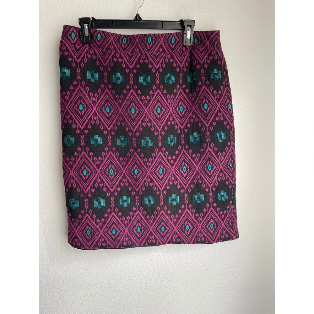 Ann Taylor Geometric Ikat Jacquard Pencil‎ Skirt Pink Teal Black Size 10
